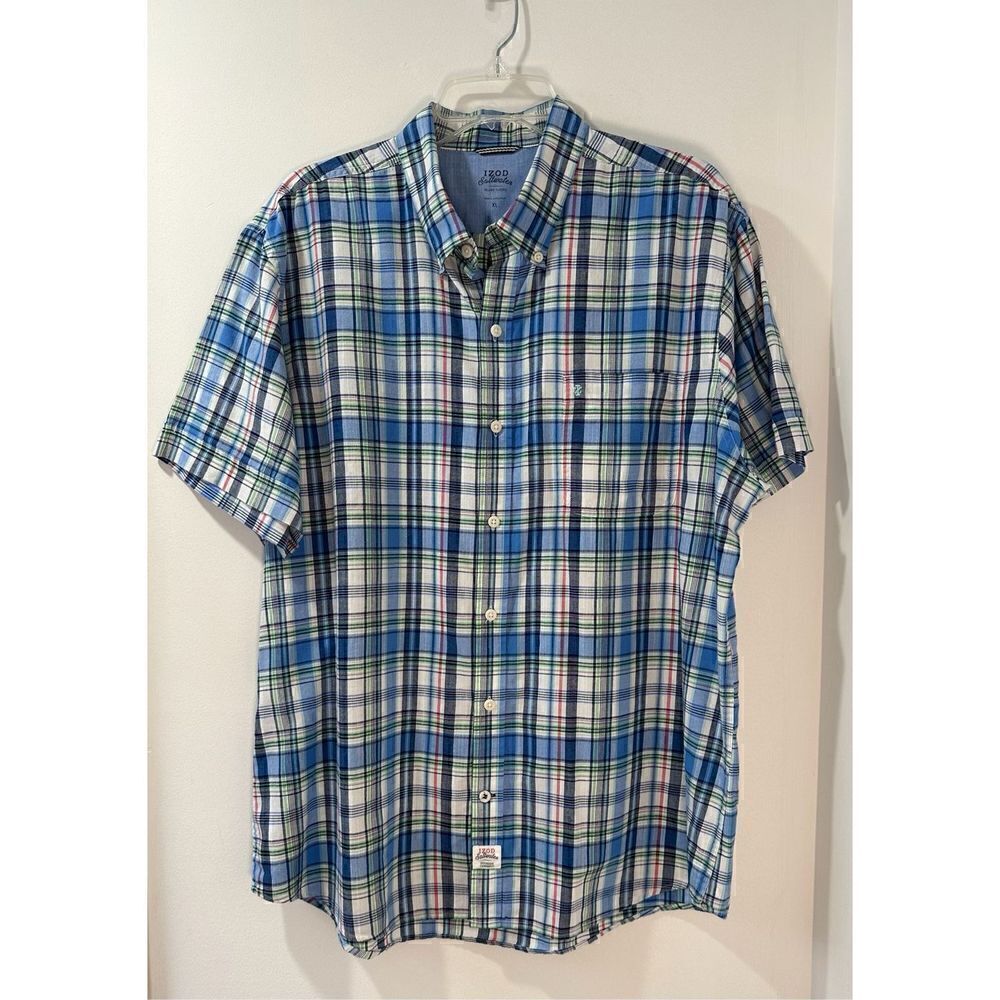 Izod men’s blue/white/green short sleeve button down size XL. #11-0287